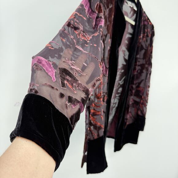Chicos size Small Silk Blend Velvet Burnout Kimono Jacket Purple Open front Boho - Picture 5 of 10